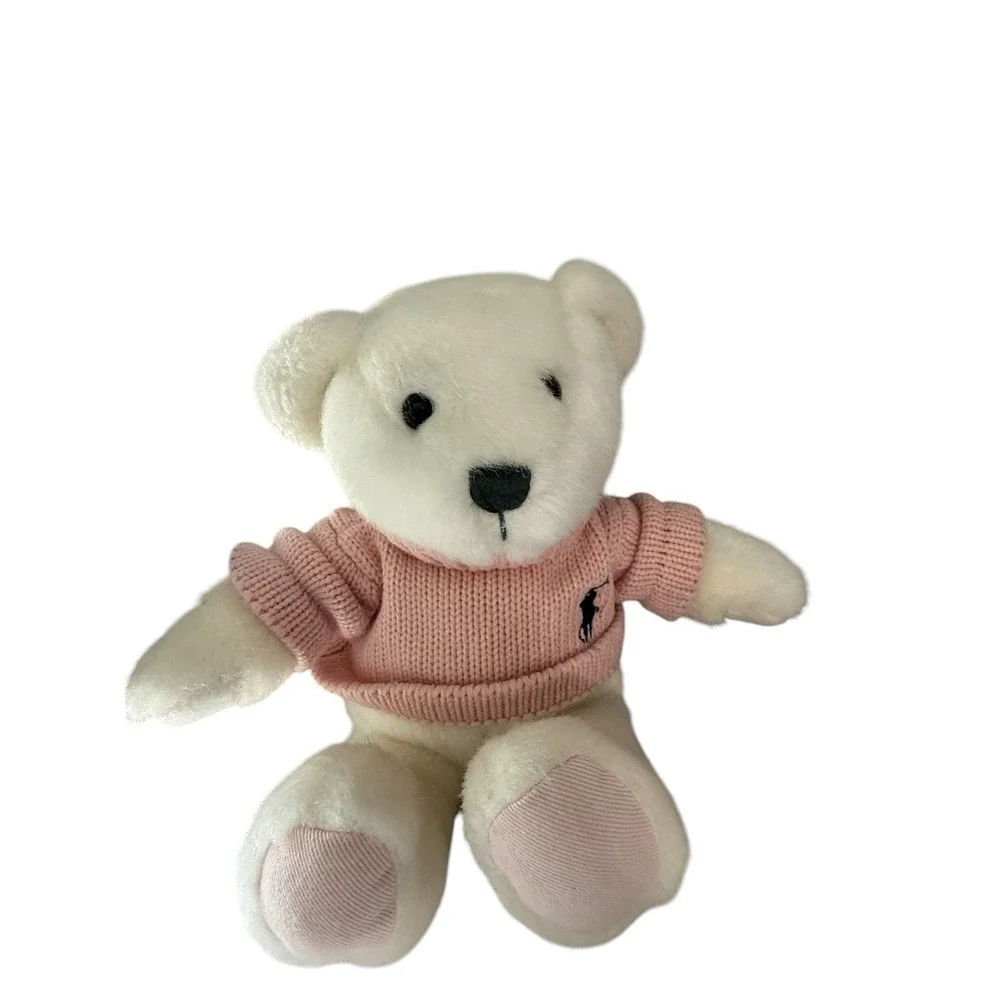 Ralph Lauren Romance Teddy Bear White Plush Pink Knit Pony Logo Sweater